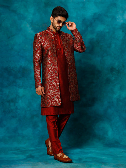 Men's Maroon Viscose Straight Sherwani Set