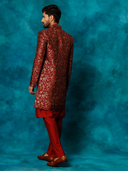 Men's Maroon Viscose Straight Sherwani Set