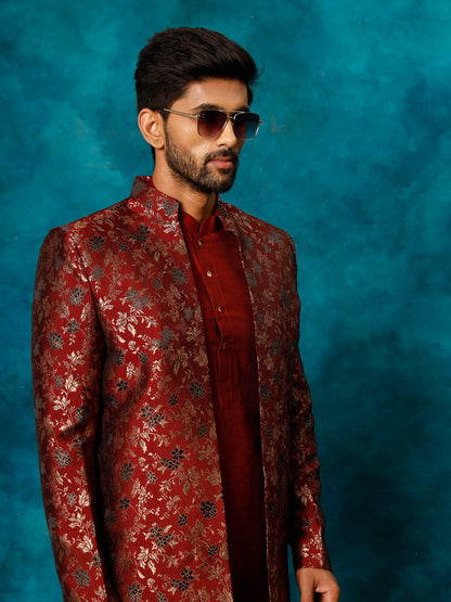 Men's Maroon Viscose Straight Sherwani Set