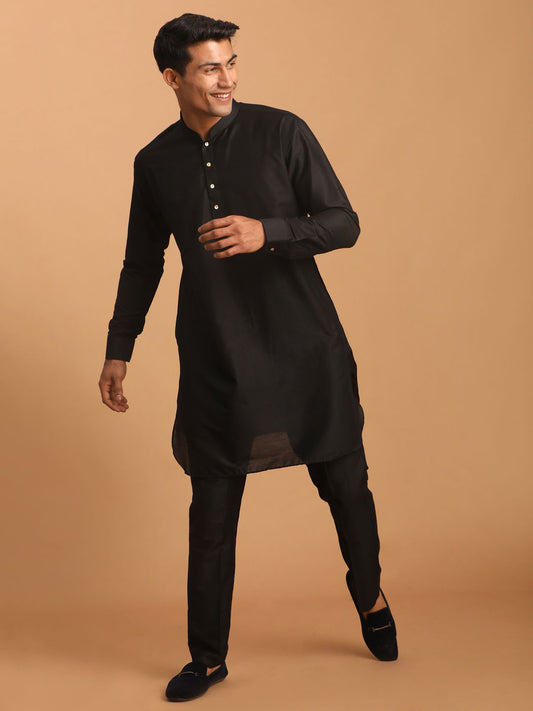 Men's Black Viscose Curved Kurta Pyjama Set