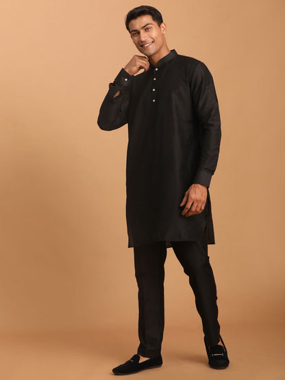 Men's Black Viscose Curved Kurta Pyjama Set