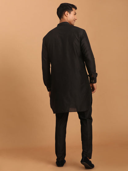 Men's Black Viscose Curved Kurta Pyjama Set
