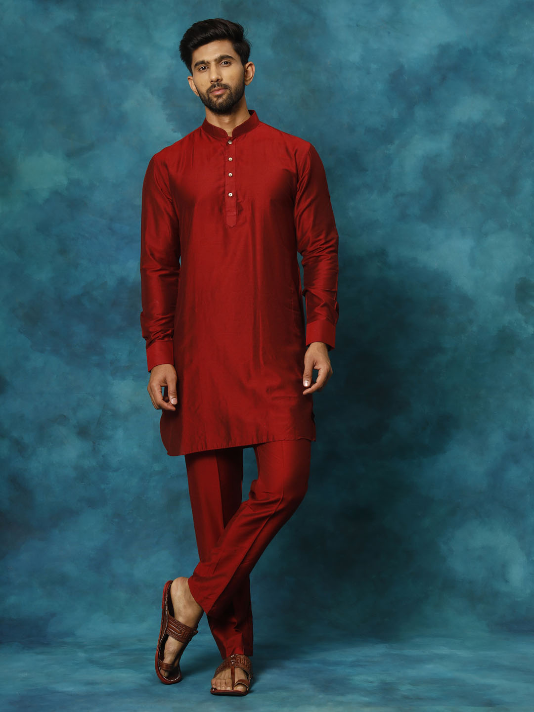 Men's Maroon Viscose Curved Kurta Pyjama Set