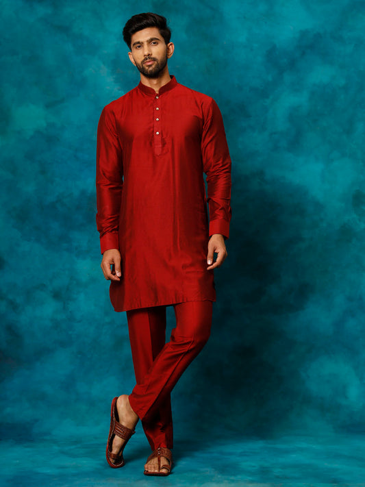 Men's Maroon Viscose Curved Kurta Pyjama Set