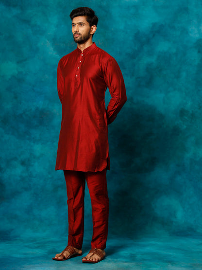 Men's Maroon Viscose Curved Kurta Pyjama Set
