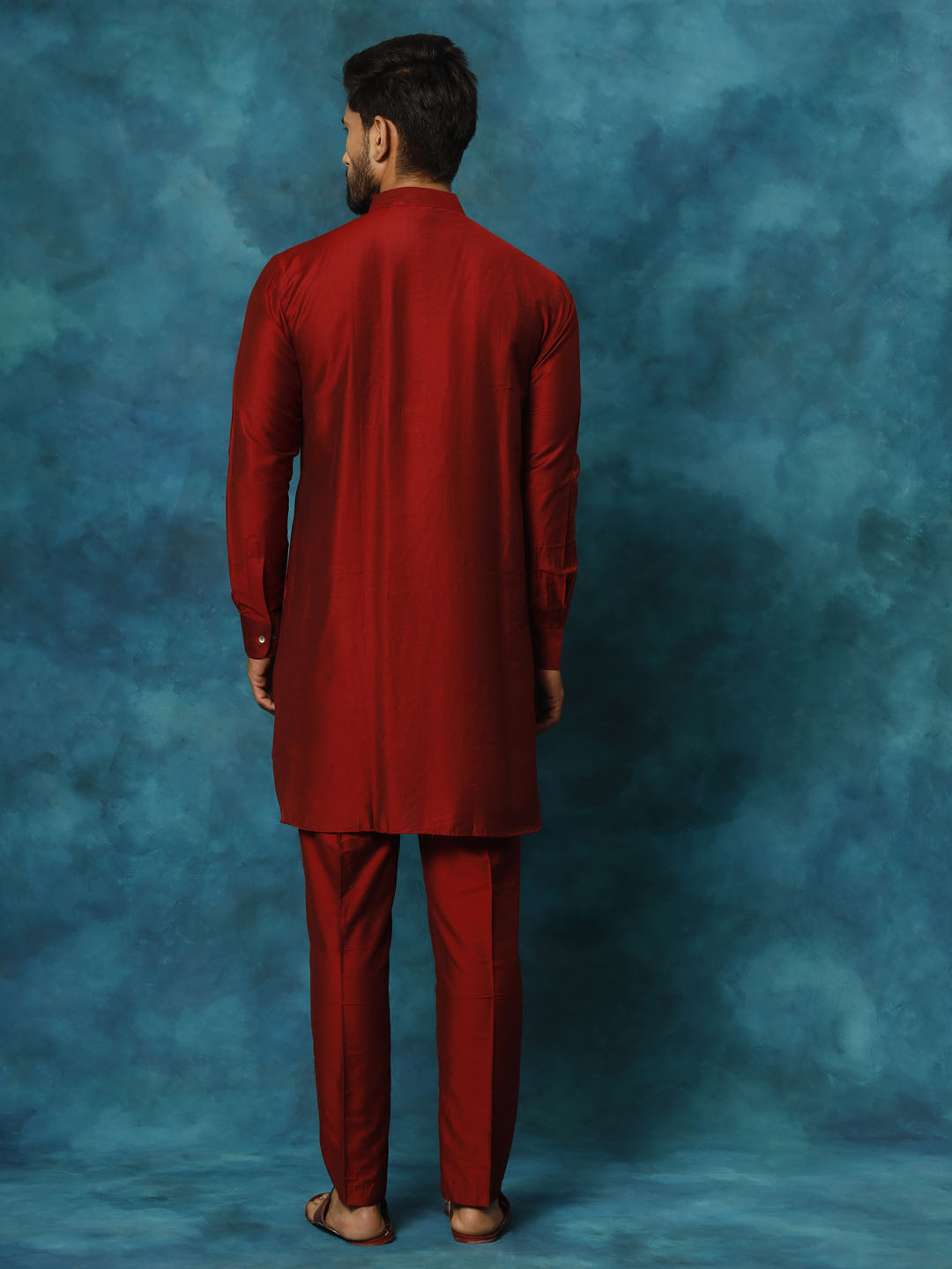 Men's Maroon Viscose Curved Kurta Pyjama Set