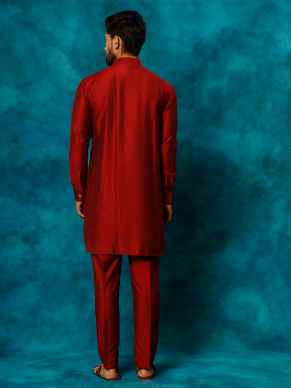 Men's Maroon Viscose Curved Kurta Pyjama Set