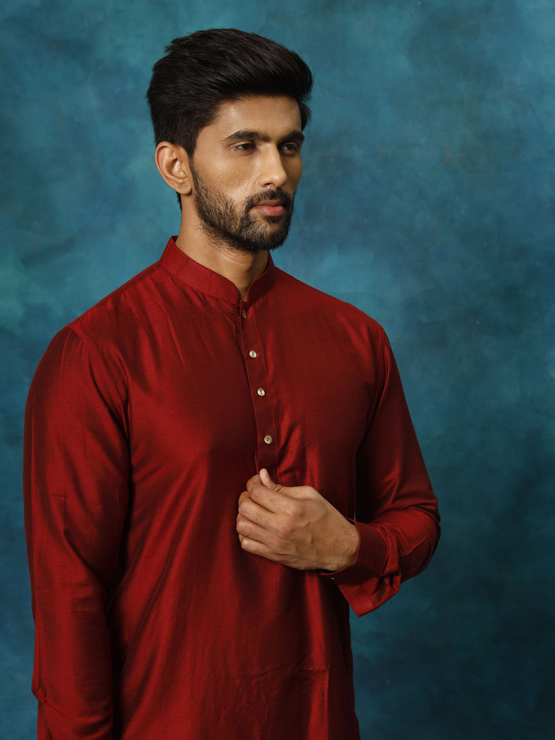 Men's Maroon Viscose Curved Kurta Pyjama Set