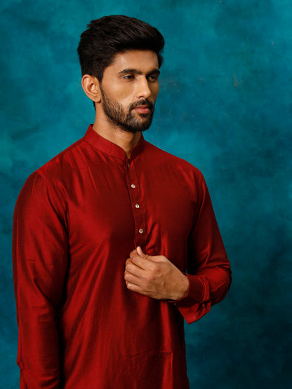 Men's Maroon Viscose Curved Kurta Pyjama Set