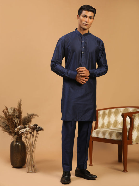 Men's Navy Blue Viscose Curved Kurta Pyjama Set