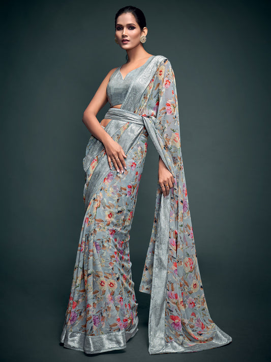 Women's Georgette Grey Printed Celebrity Saree With Blouse Piece