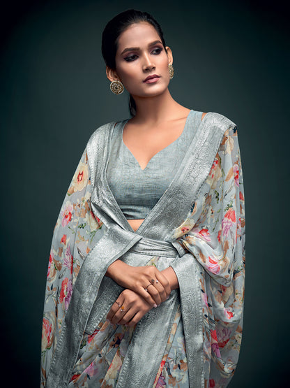 Women's Georgette Grey Printed Celebrity Saree With Blouse Piece