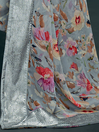 Women's Georgette Grey Printed Celebrity Saree With Blouse Piece