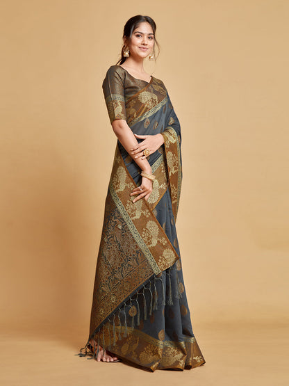 Dhiyona GR Women's Vasudha Warm Grey Zari Woven Design Chanderi Cotton Saree