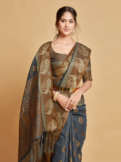 Dhiyona GR Women's Vasudha Warm Grey Zari Woven Design Chanderi Cotton Saree