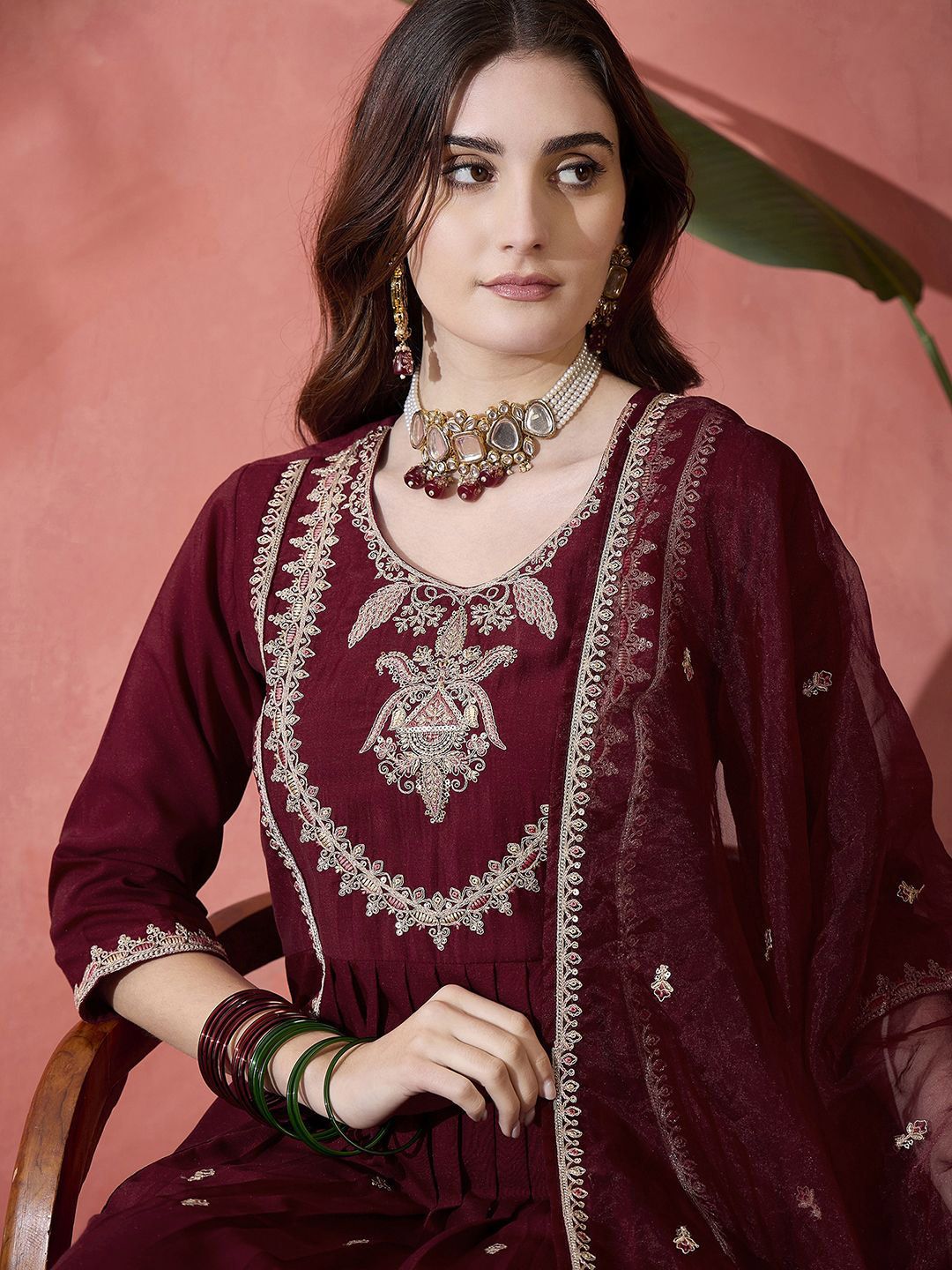 Dhiyona SN Women's Floral Embroidered Pleated Sequinned A-Line Kurta With Trouser And Dupatta