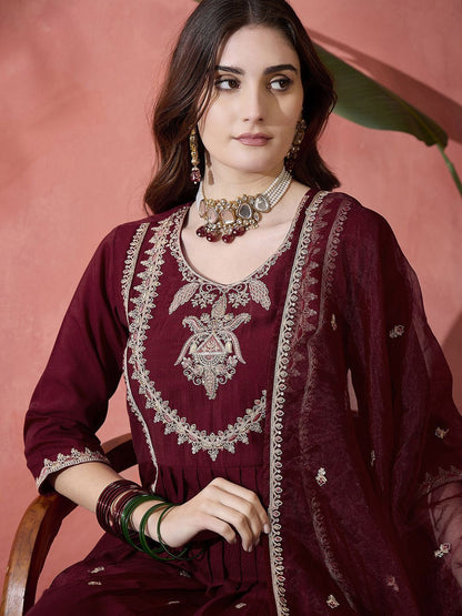 Dhiyona SN Women's Floral Embroidered Pleated Sequinned A-Line Kurta With Trouser And Dupatta