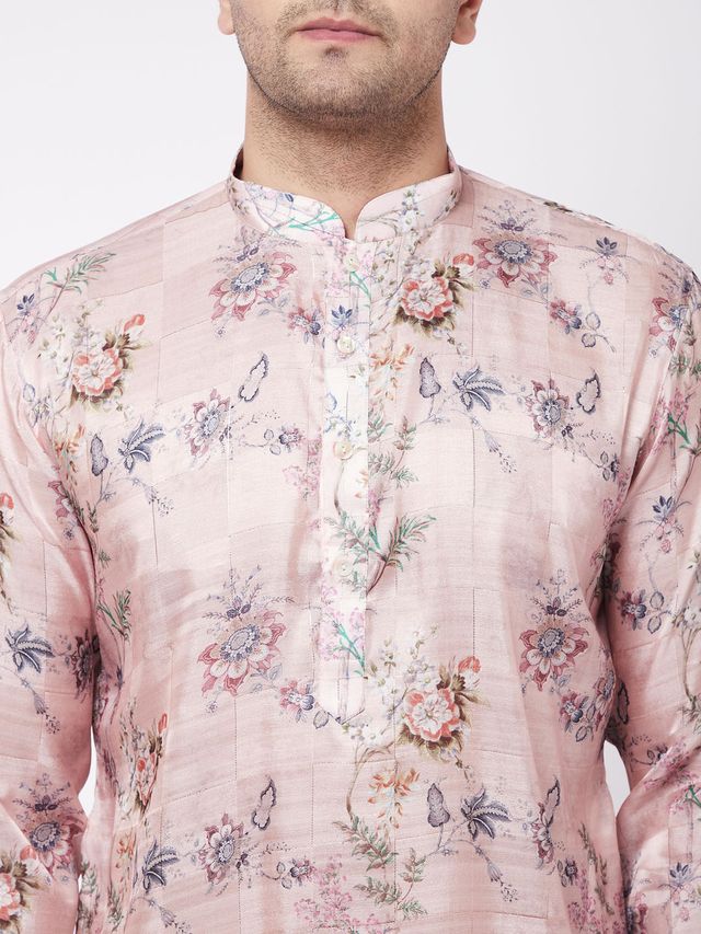 Men's MulticolorBasePeach Cotton Blend Straight Kurta