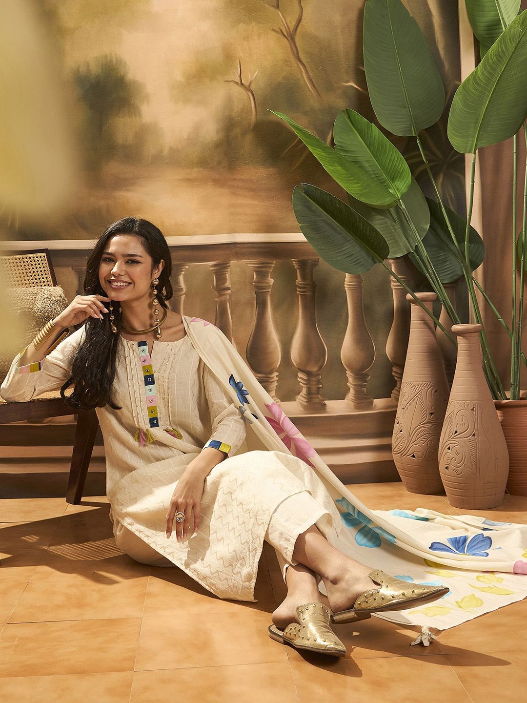 Dhiyona SN Women's Floral Embroidered Pure Cotton Straight Kurta With Trousers & Dupatta