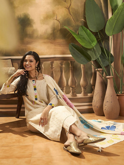 Dhiyona SN Women's Floral Embroidered Pure Cotton Straight Kurta With Trousers & Dupatta
