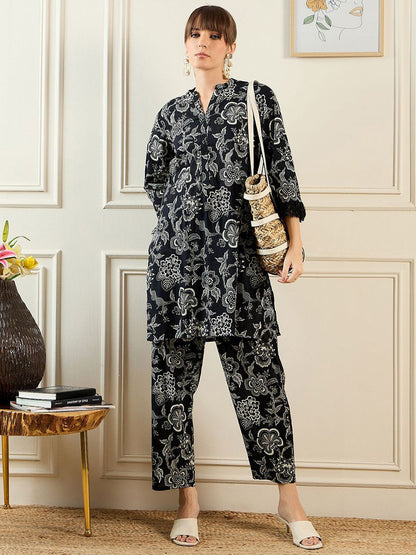 Dhiyona IE Floral Printed Mandarin Collar Pure Cotton Tunic Top With Trousers