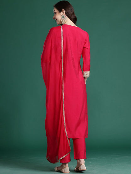 Ethnic Motifs Embroidered Zari Round Neck Straight Kurta With Trouser & Dupatta