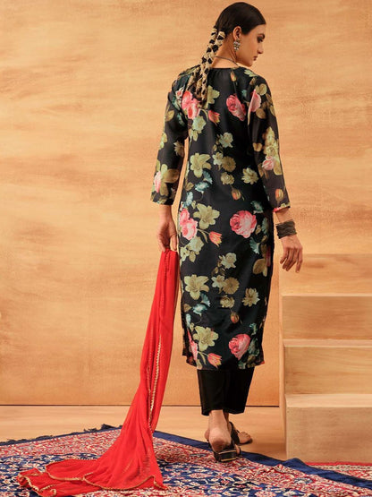 Dhiyona IS Women's Women Floral Printed Regular Mirror Work Kurta Set With Dupatta