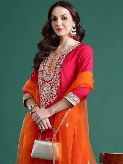 Ethnic Motifs Embroidered Zari Regular Kurta With Trouser And Dupatta