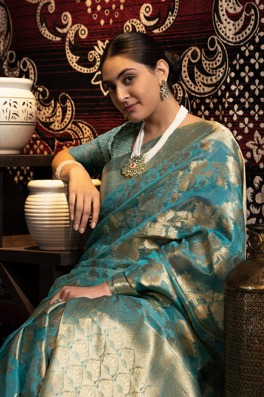 Dhiyona GR Women's Vedika Blue Jimmi Choo Zari Woven Saree