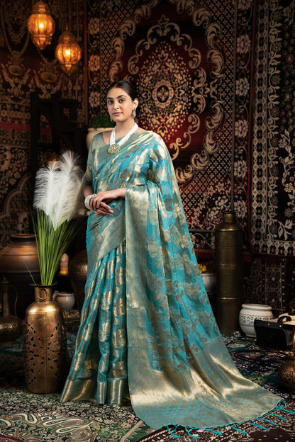 Dhiyona GR Women's Vedika Blue Jimmi Choo Zari Woven Saree