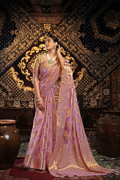 Dhiyona GR Women's Vedika Pink Jimmi Choo Zari Woven Saree