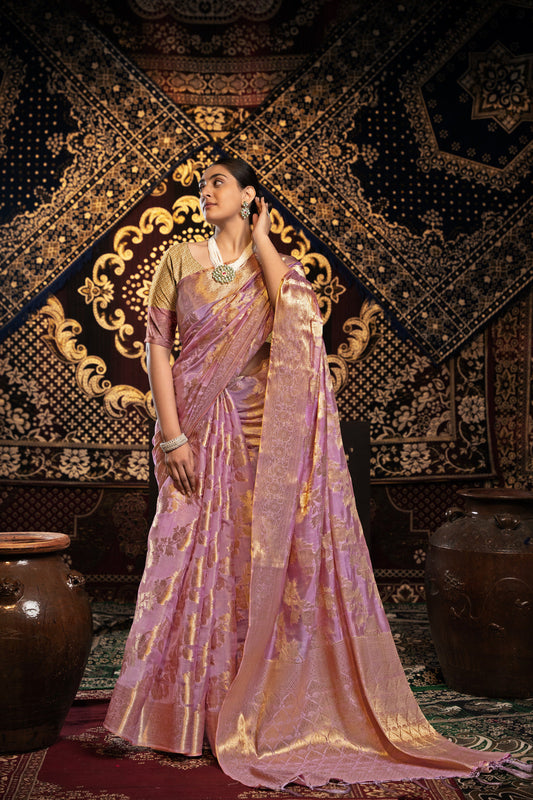 Dhiyona GR Women's Vedika Pink Jimmi Choo Zari Woven Saree