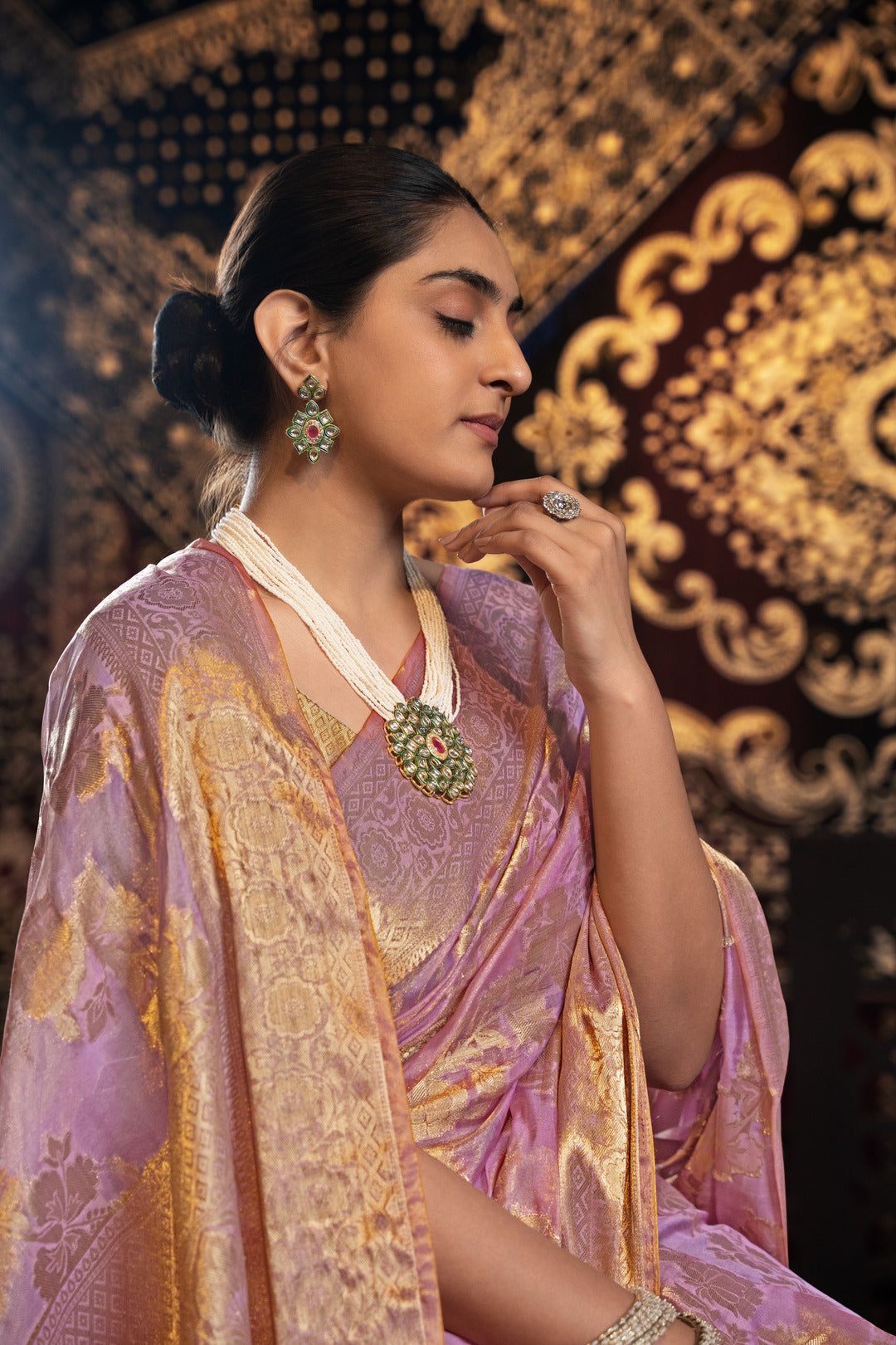 Dhiyona GR Women's Vedika Pink Jimmi Choo Zari Woven Saree