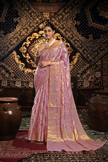 Dhiyona GR Women's Vedika Pink Jimmi Choo Zari Woven Saree