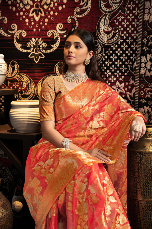 Dhiyona GR Women's Vedika Red Jimmi Choo Zari Woven Saree