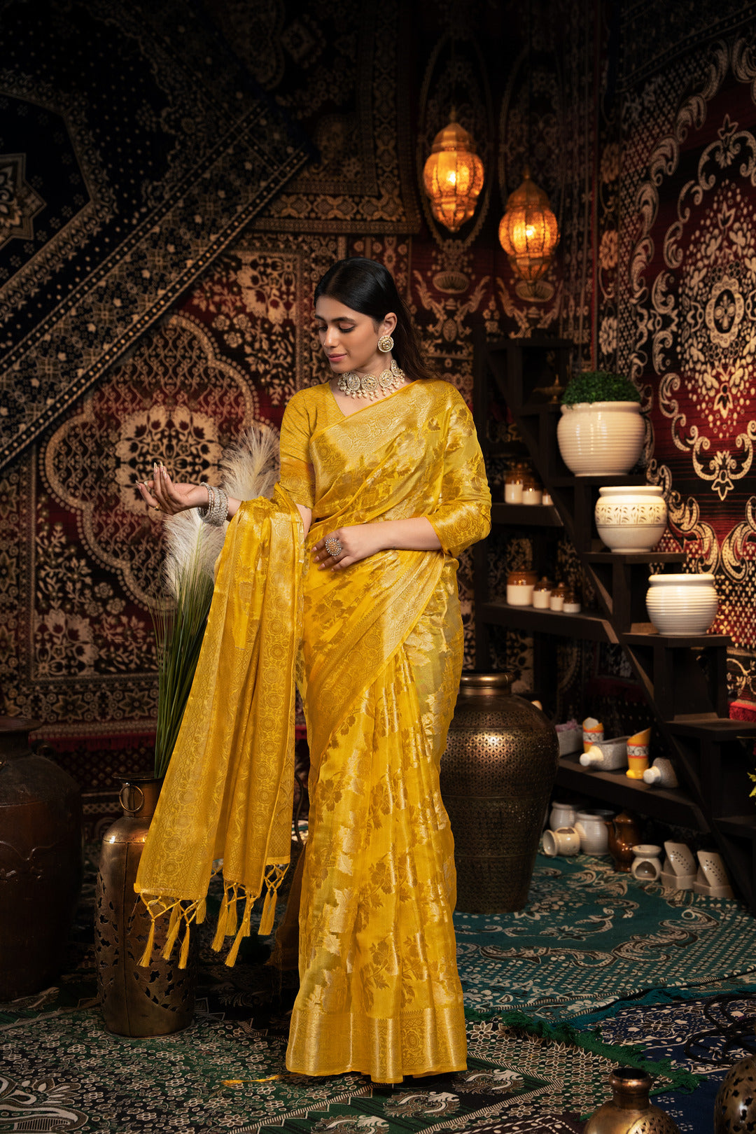 Dhiyona GR Women's Vedika Yellow Jimmi Choo Zari Woven Saree