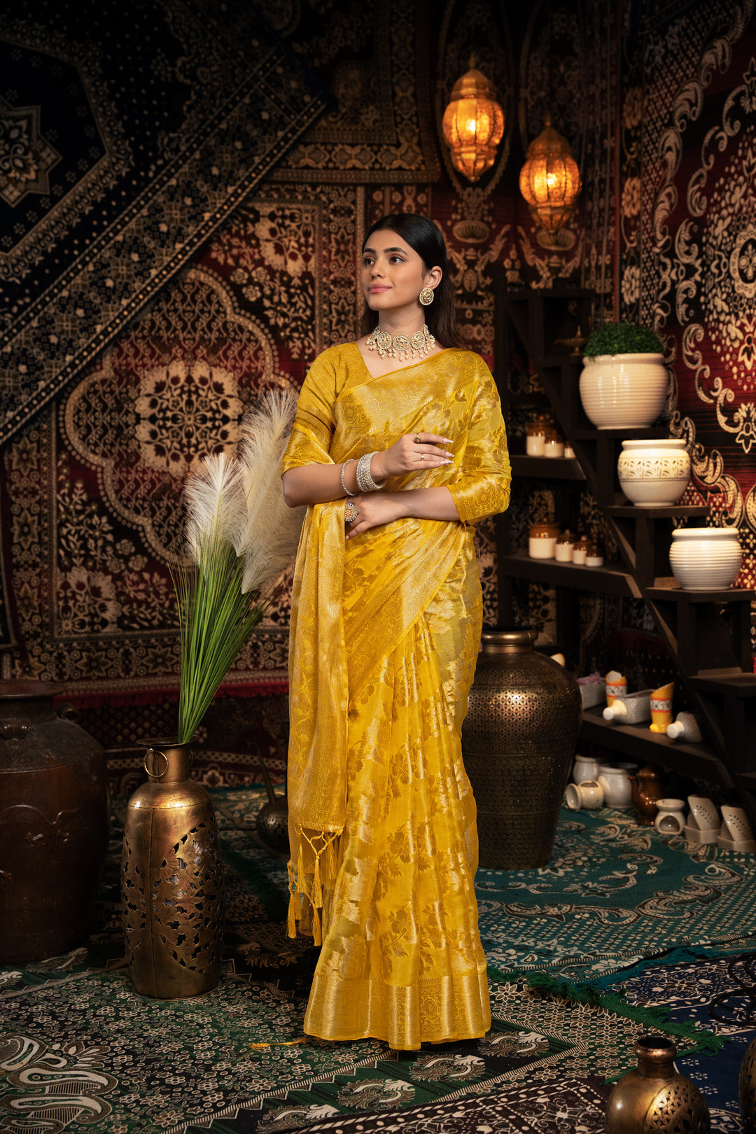 Dhiyona GR Women's Vedika Yellow Jimmi Choo Zari Woven Saree
