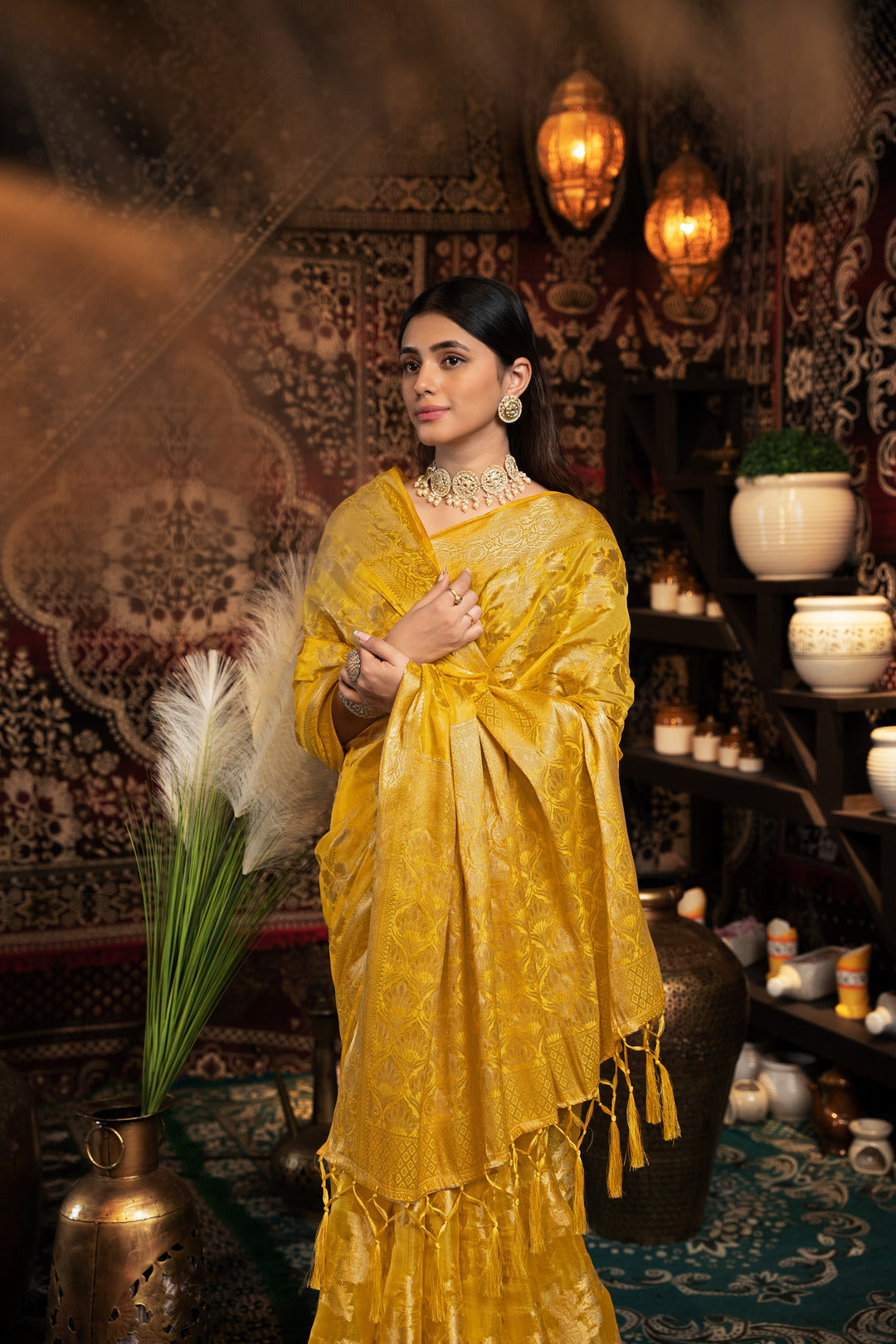 Dhiyona GR Women's Vedika Yellow Jimmi Choo Zari Woven Saree