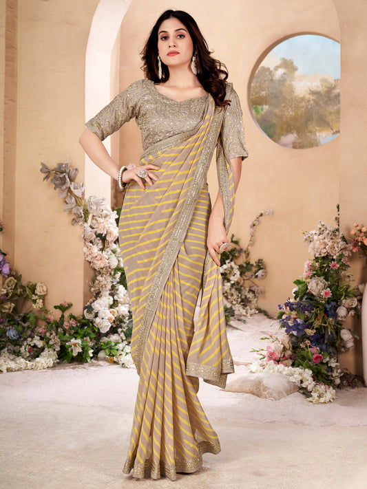 Women's Pure Georgette Beige Embellished Designer Saree With Blouse Piece