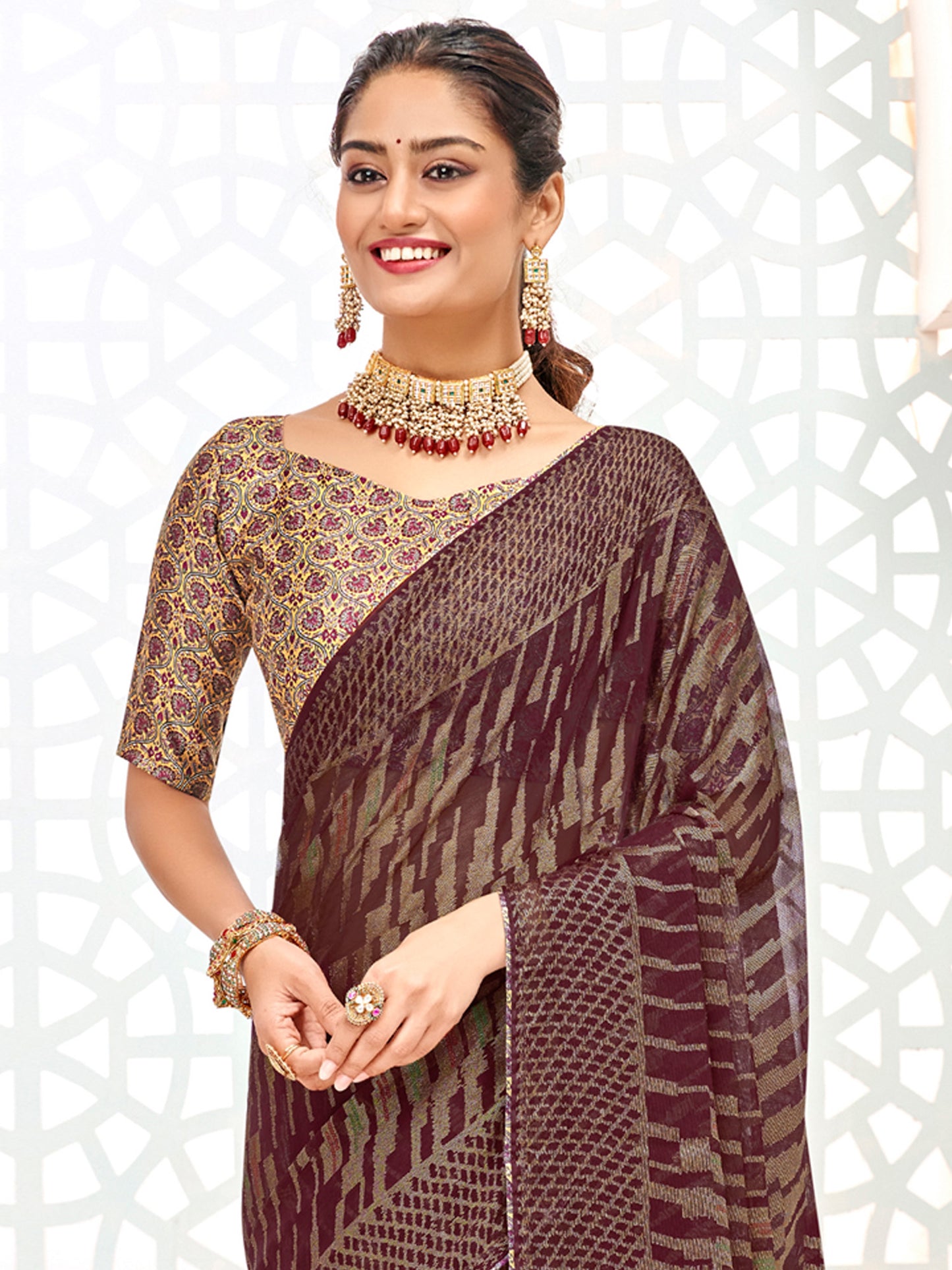 Women's Brasso Burgundy Printed Designer Saree With Blouse Piece