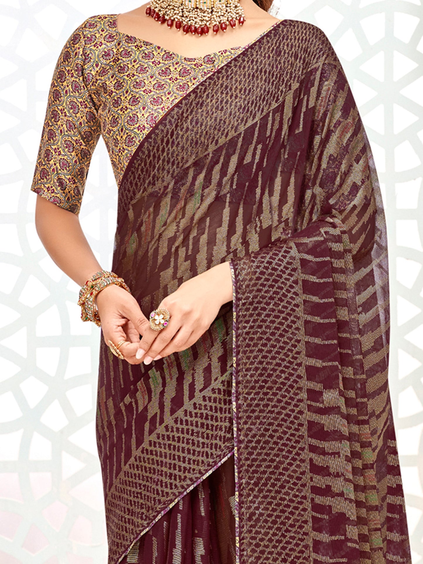 Women's Brasso Burgundy Printed Designer Saree With Blouse Piece