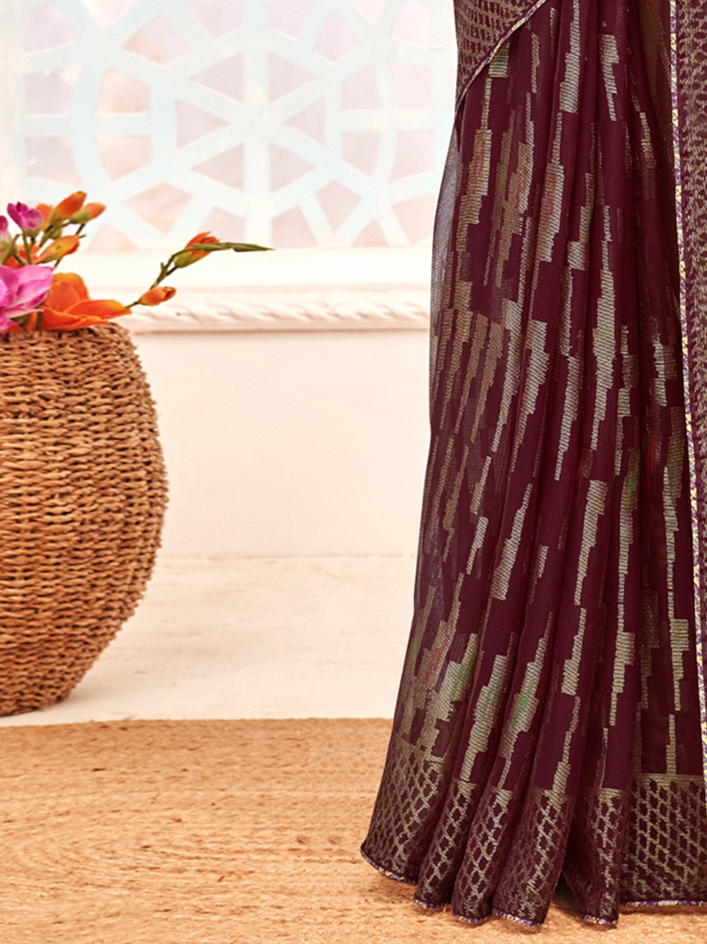 Women's Brasso Burgundy Printed Designer Saree With Blouse Piece