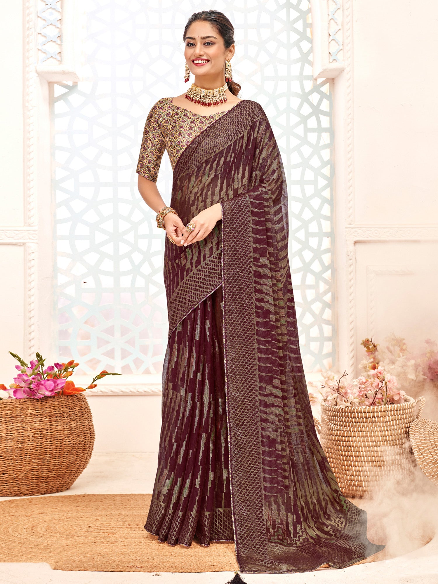 Women's Brasso Burgundy Printed Designer Saree With Blouse Piece