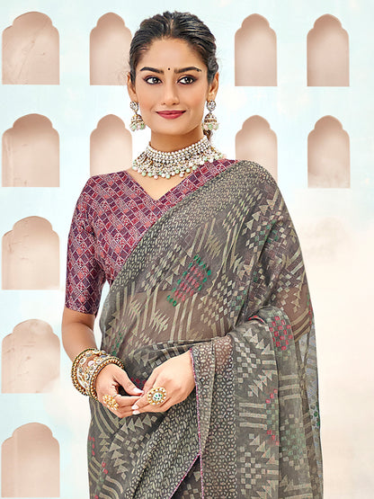 Women's Brasso Grey Printed Designer Saree With Blouse Piece