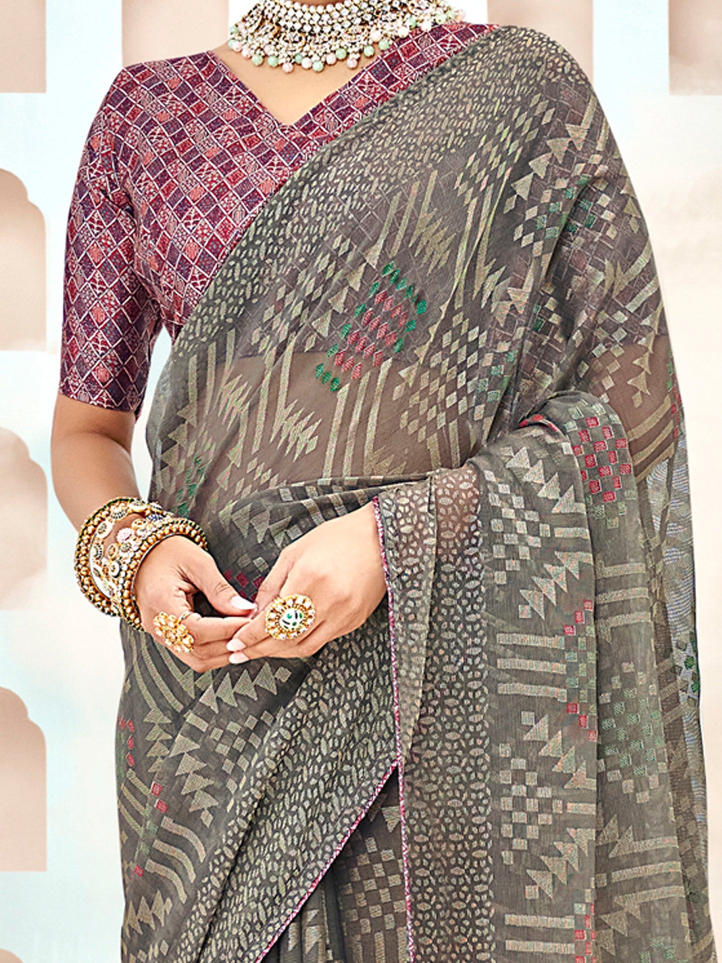 Women's Brasso Grey Printed Designer Saree With Blouse Piece