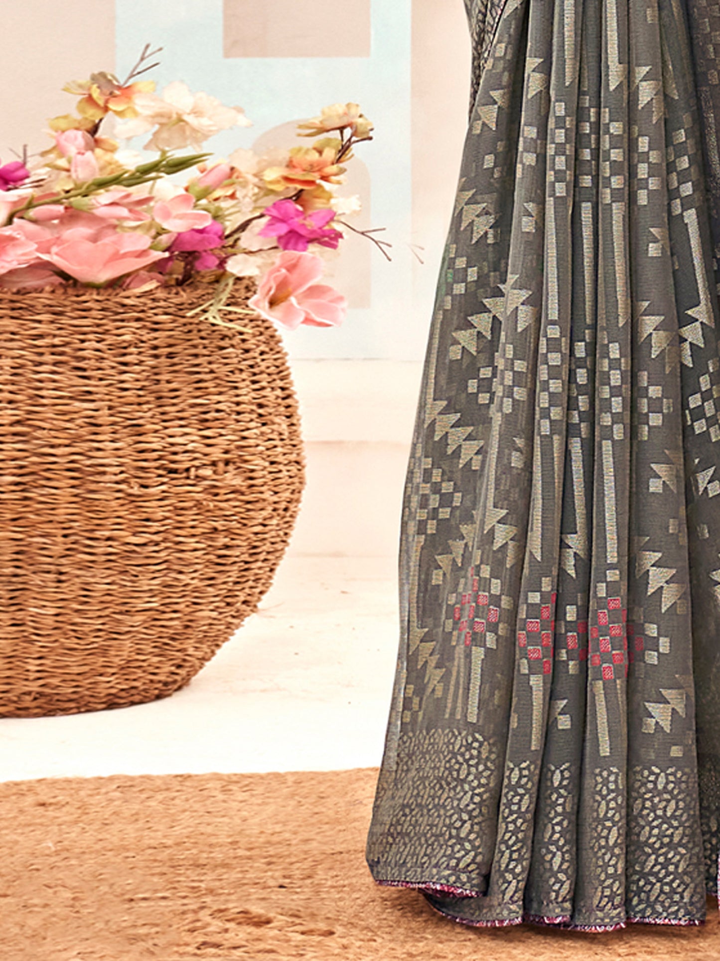 Women's Brasso Grey Printed Designer Saree With Blouse Piece