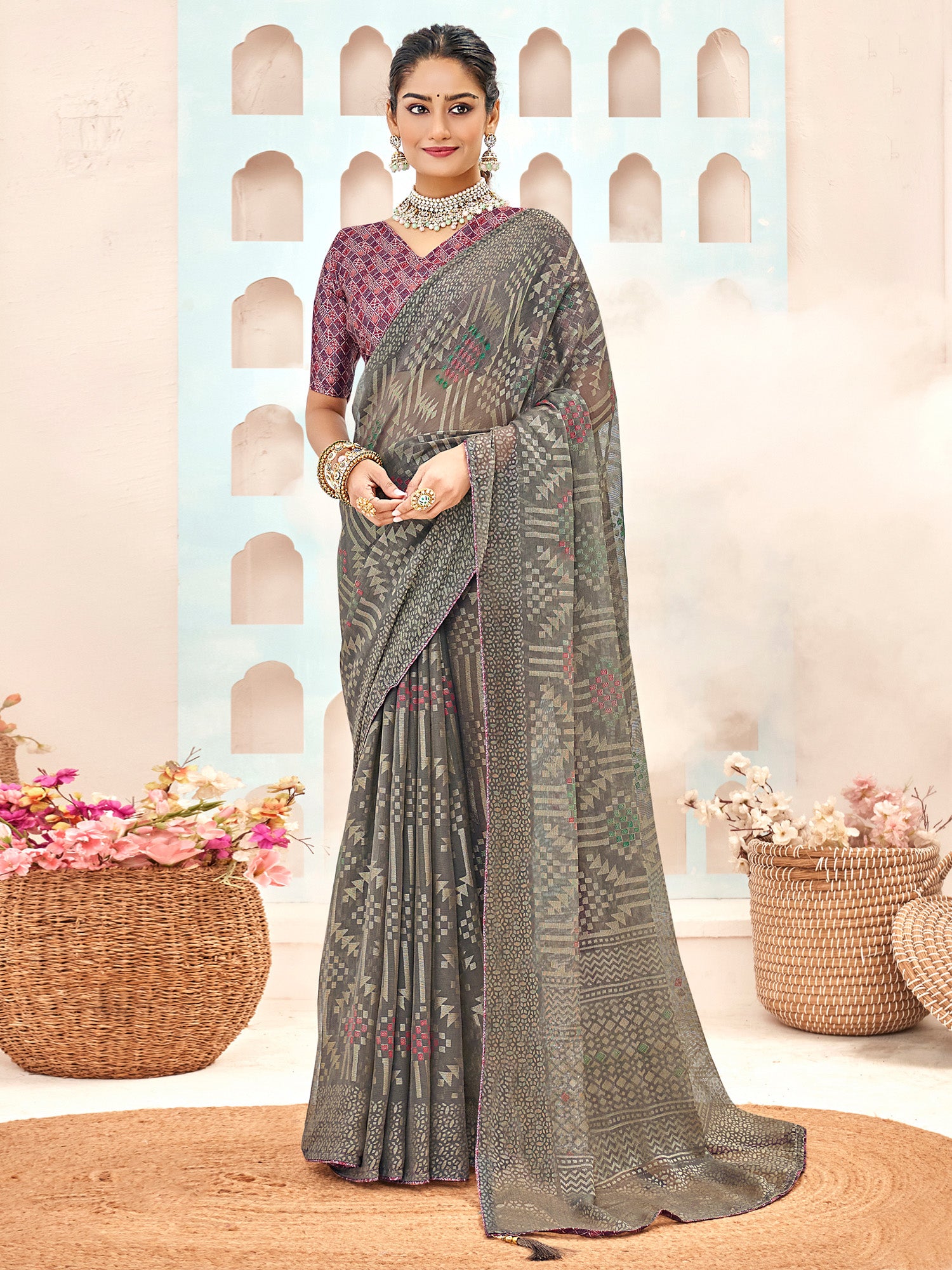 Women's Brasso Grey Printed Designer Saree With Blouse Piece