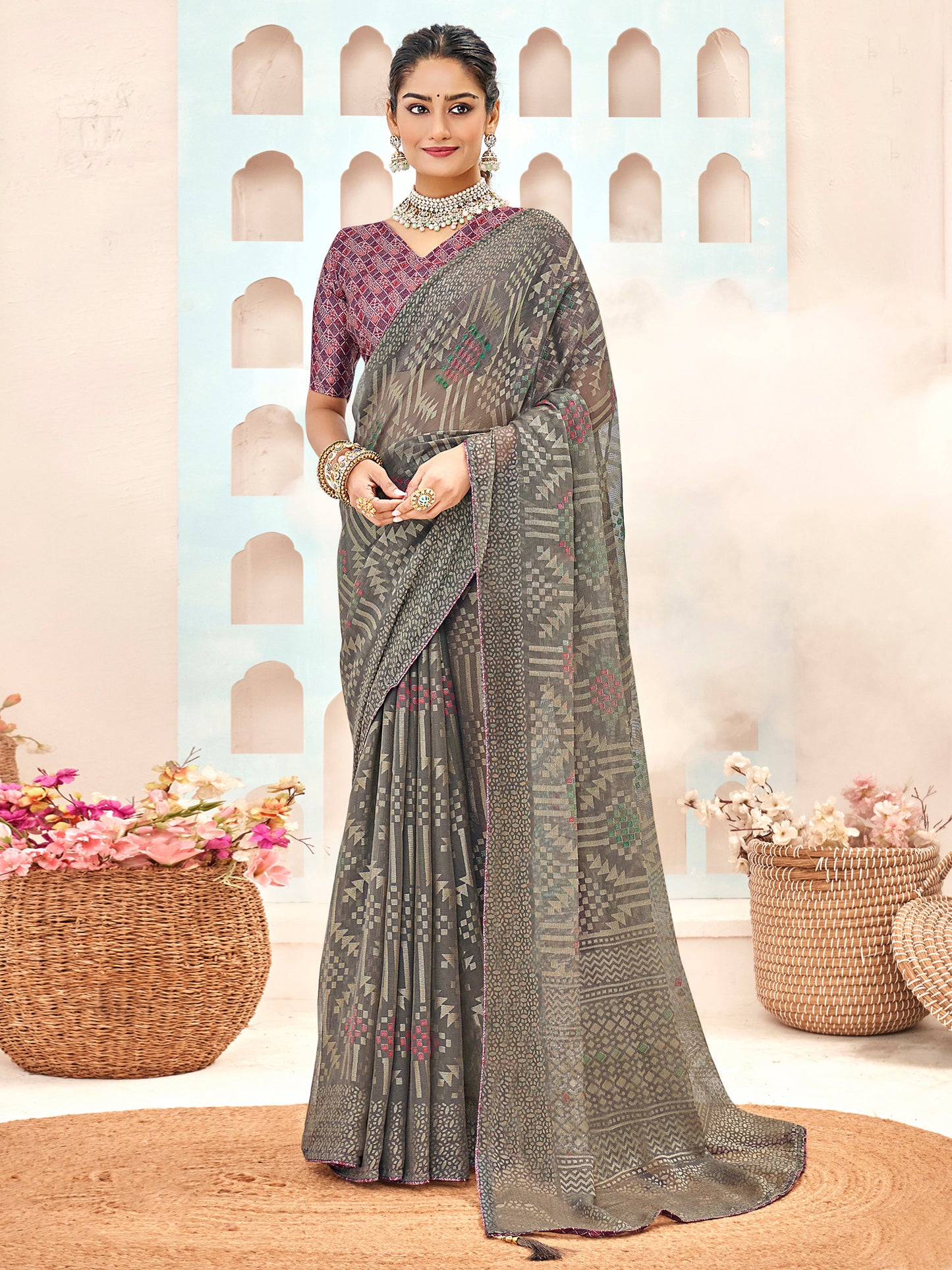 Women's Brasso Grey Printed Designer Saree With Blouse Piece
