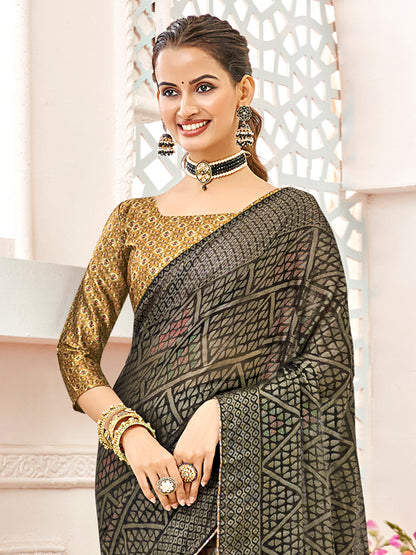 Women's Brasso Black Printed Designer Saree With Blouse Piece