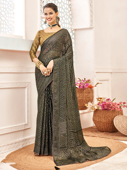 Women's Brasso Black Printed Designer Saree With Blouse Piece
